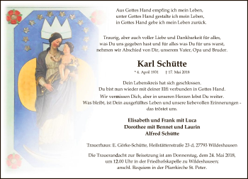 Traueranzeige von Karl Schütte von SYK