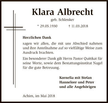 Traueranzeige von Klara Albrecht von SYK