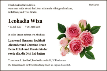 Traueranzeige von Leokadia Wiza von SYK