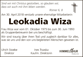 Traueranzeige von Leokadia Wiza von SYK