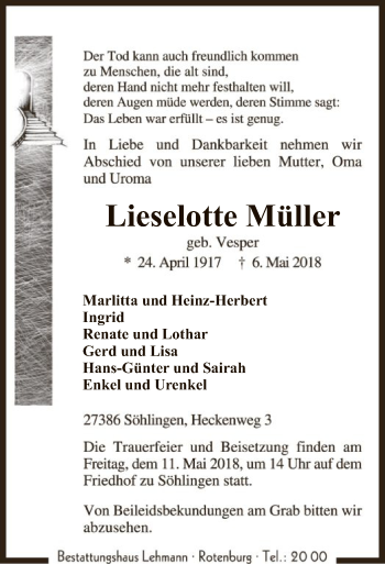 Traueranzeige von Lieselotte Müller von SYK