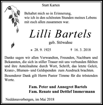 Traueranzeige von Lilli Bartels von SYK