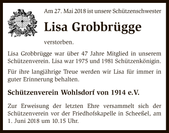 Traueranzeige von Lisa Grobbrügge von SYK