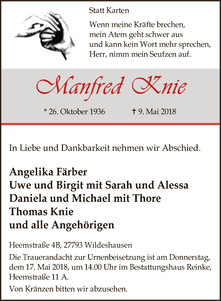 Traueranzeige für Manfred Knie vom 12.05.2018 aus SYK