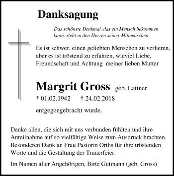 Traueranzeige von Margrit Gross von SYK