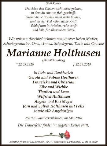 Traueranzeige von Marianne Holthusen von SYK