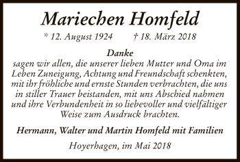 Traueranzeige von Mariechen Homfeld von SYK