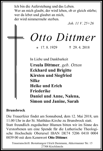 Traueranzeige von Otto Dittmer von SYK