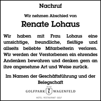 Traueranzeige von Renate Lohaus von SYK