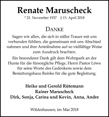 Traueranzeige von Renate Maruscheck von SYK