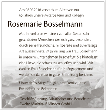 Traueranzeige von Rosemarie Bosselmann von SYK