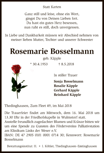 Traueranzeige von Rosemarie Bosselmann von SYK