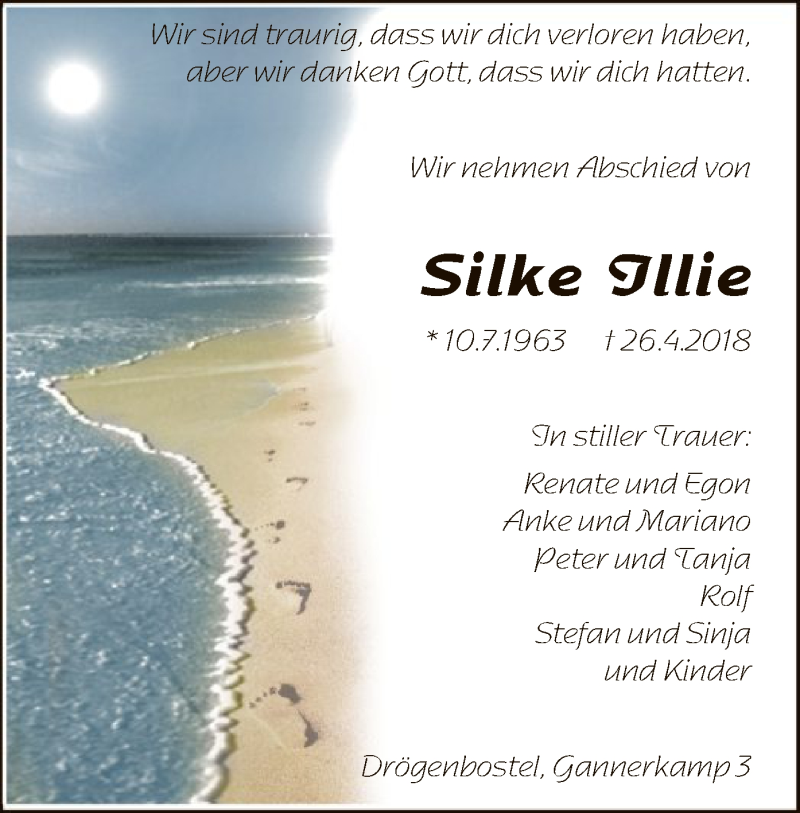  Traueranzeige für Silke Illie vom 05.05.2018 aus SYK