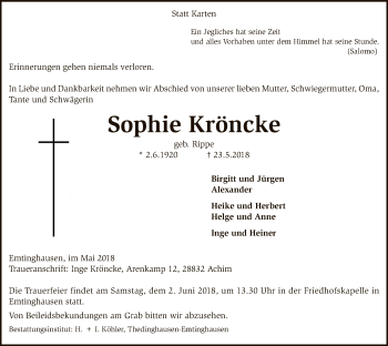 Traueranzeige von Sophie Kröncke von SYK