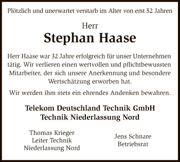 Traueranzeige von Stephan Haase von SYK