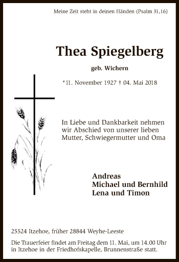 Traueranzeige von Thea Spiegelberg von SYK