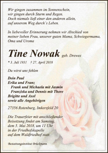 Traueranzeige von Tine Nowak von SYK