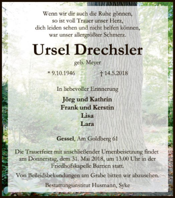 Traueranzeige von Ursel Drechsler von SYK