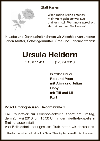 Traueranzeige von Ursula Heidorn von SYK