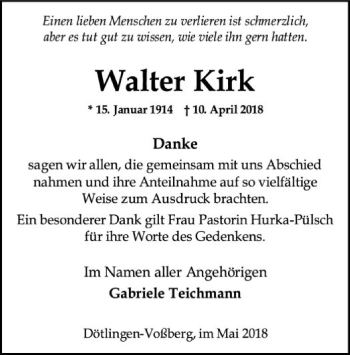 Traueranzeige von Walter Kirk von SYK