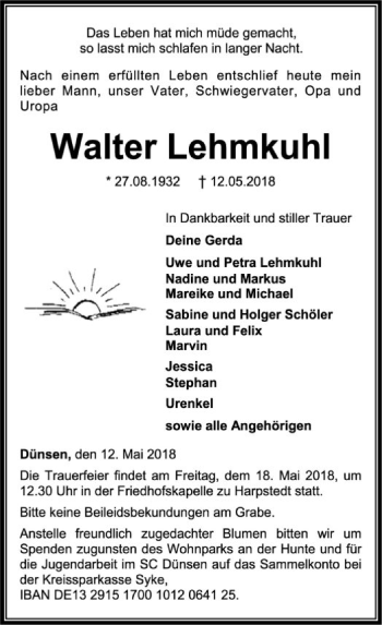 Traueranzeige von Walter Lehmkuh von SYK