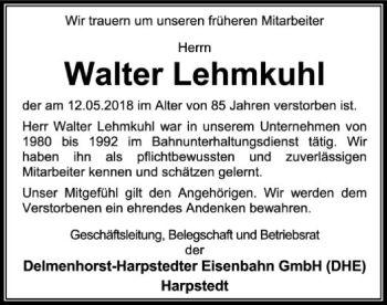 Traueranzeige von Walter Lehmkuhl von SYK