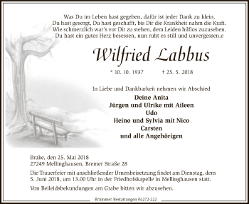 Traueranzeige von Wilfried Labbus von SYK