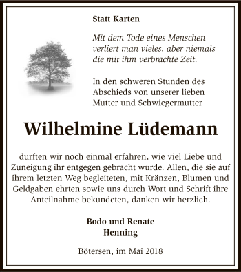 Traueranzeige von Wilhelmine Lüdemann von SYK