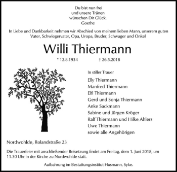 Traueranzeige von Willi Thiermann von SYK