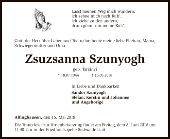 Traueranzeige von Zsuzsanna Szunyogh von SYK