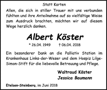 Traueranzeige von Albert Köster von SYK