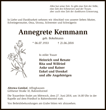 Traueranzeige von Annegrete Kemmann von SYK