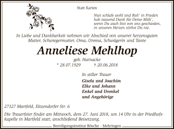 Traueranzeige von Anneliese Mehlhop von SYK