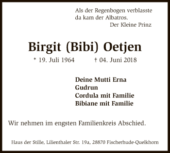 Traueranzeige von Birgit Oetjen von SYK