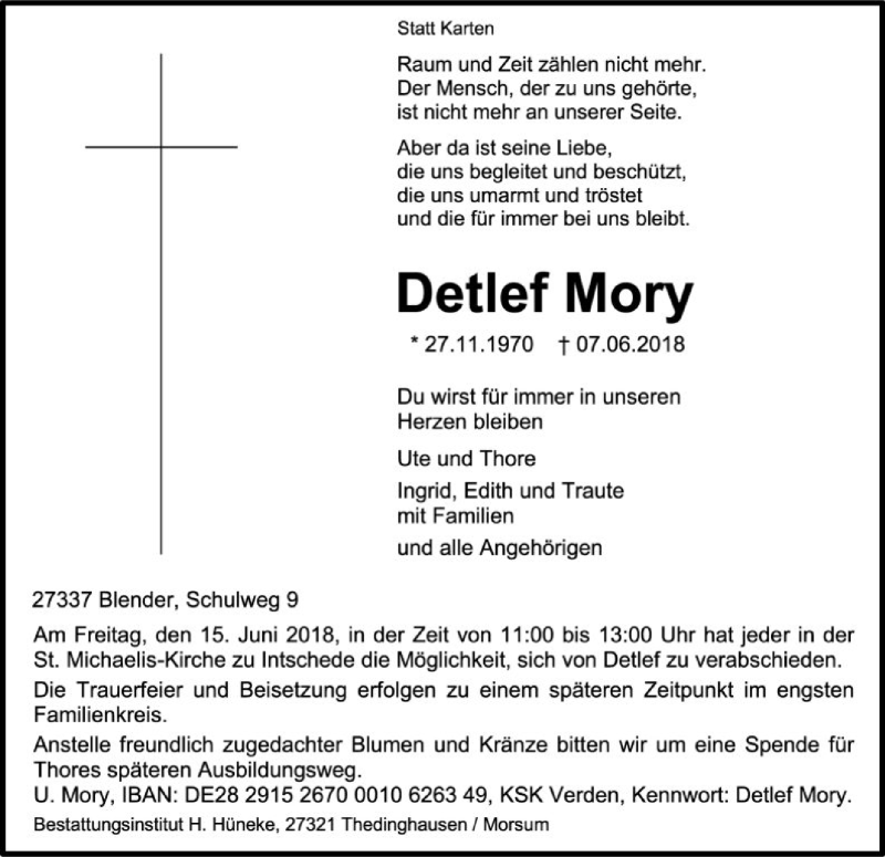  Traueranzeige für Detlef Mory vom 11.06.2018 aus SYK