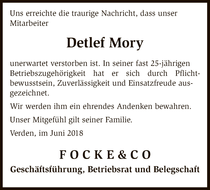  Traueranzeige für Detlef Mory vom 12.06.2018 aus SYK