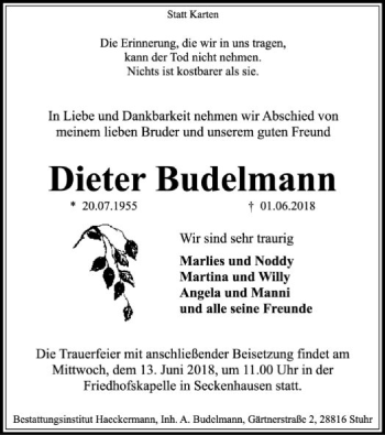 Traueranzeige von Dieter Budelmann von SYK