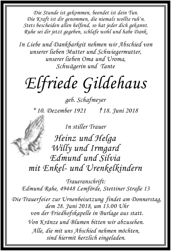 Traueranzeige von Elfriede Gildehaus von SYK