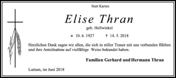 Traueranzeige von Elise Thran von SYK