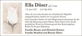 Traueranzeige von Ella Düser von SYK
