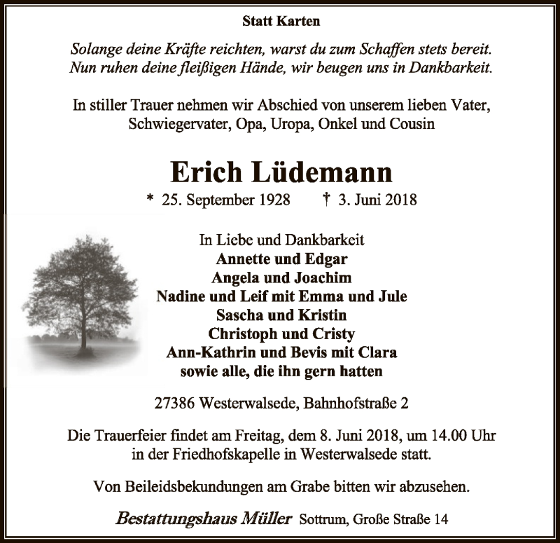  Traueranzeige für Erich Lüdemann vom 06.06.2018 aus SYK