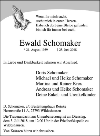 Traueranzeige von Ewald Schomaker von SYK