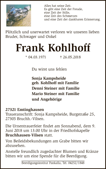 Traueranzeige von Frank Kohlhoff von SYK