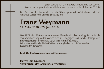 Traueranzeige von Franz Weymann von SYK