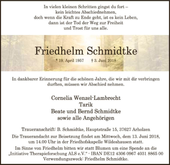 Traueranzeige von Friedhelm Schmidtke von SYK