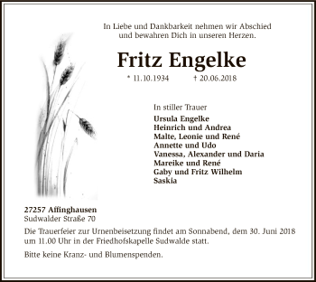 Traueranzeige von Fritz Engelke von SYK