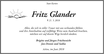 Traueranzeige von Fritz Glander von SYK