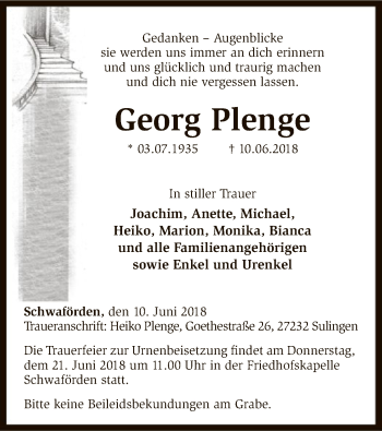 Traueranzeige von Georg Plenge von SYK