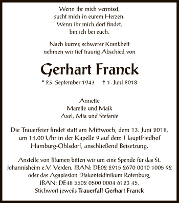 Traueranzeige von Gerhart Franck von SYK