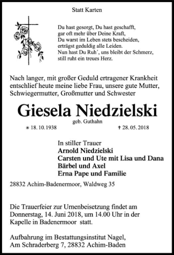 Traueranzeige von Giesela Niedzielski von SYK